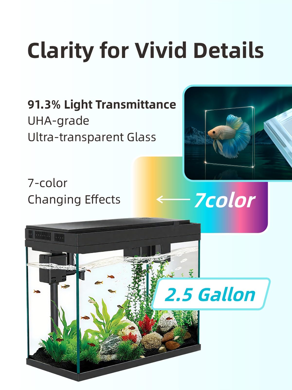 BarkBuddy seven-color LED lighting enhances fish colors and tank ambiance.