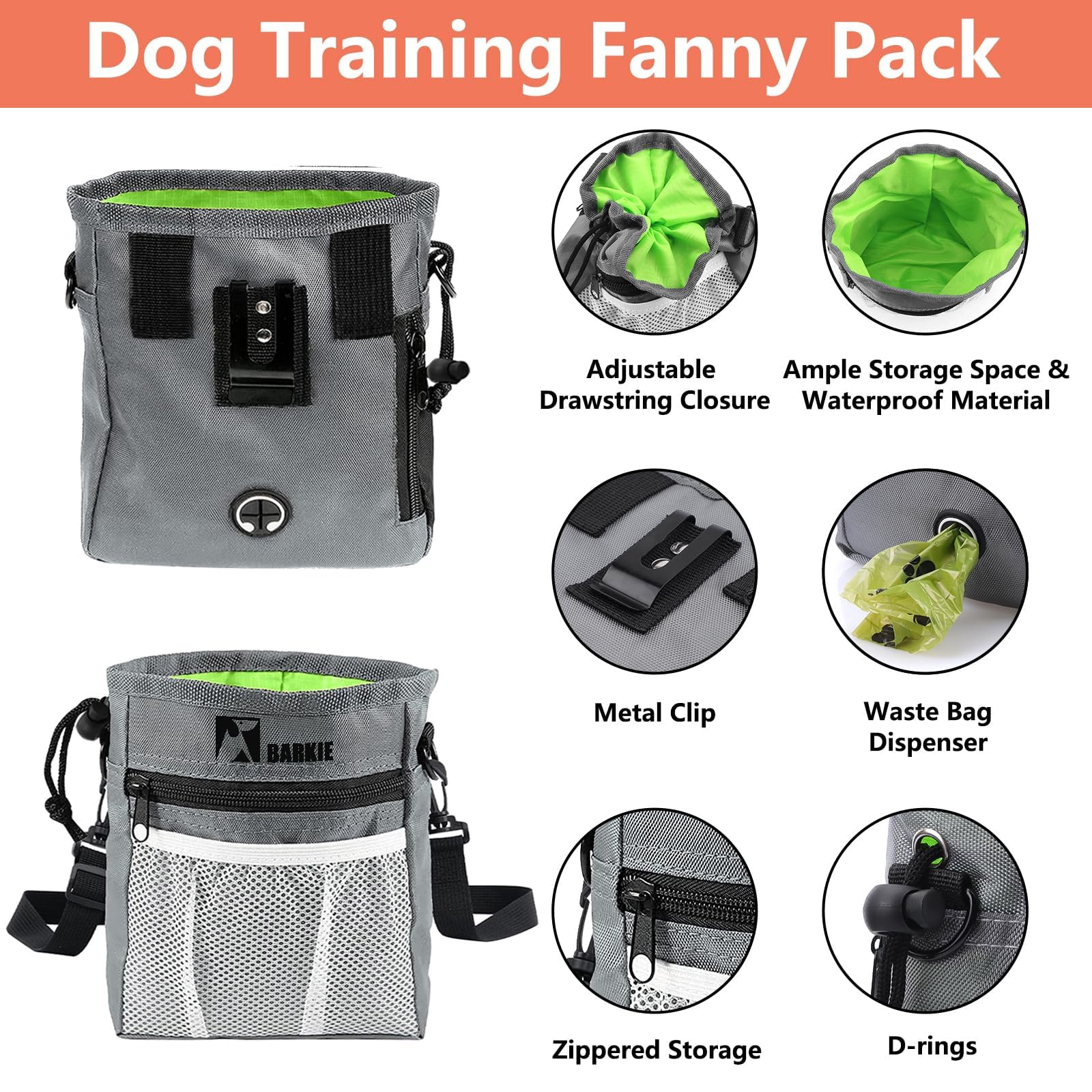 BARKIE silicone treat pouch shown for easy, clean rewards during walks.