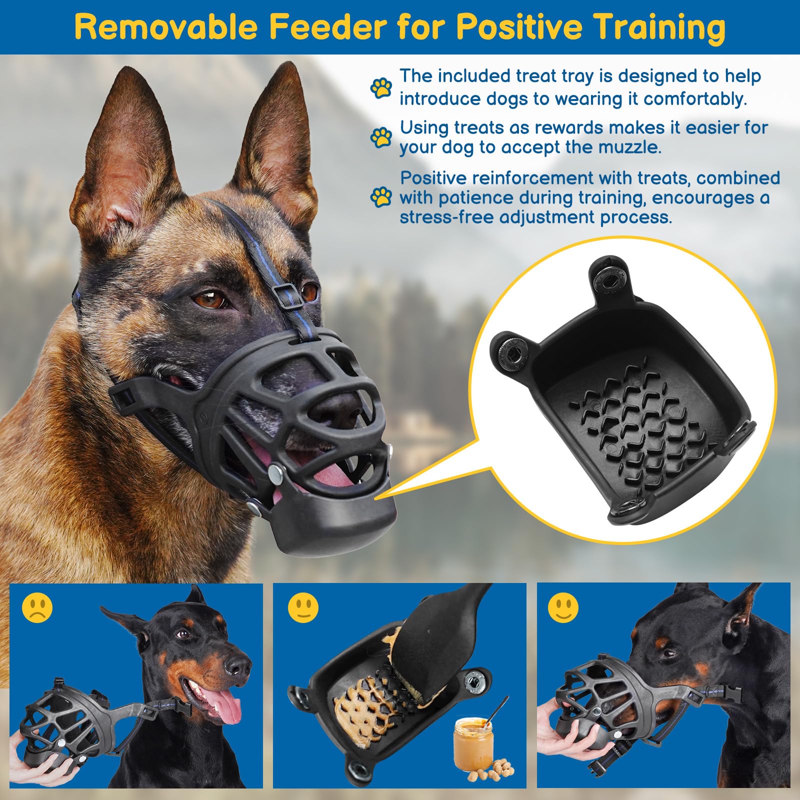 BARKLESS muzzle with snap-on treat cup aids calm acclimation during vet visits.