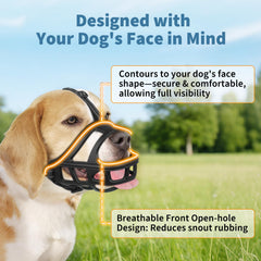 BARKLESS large dog muzzle, open front, reduces nasal rubbing during use.