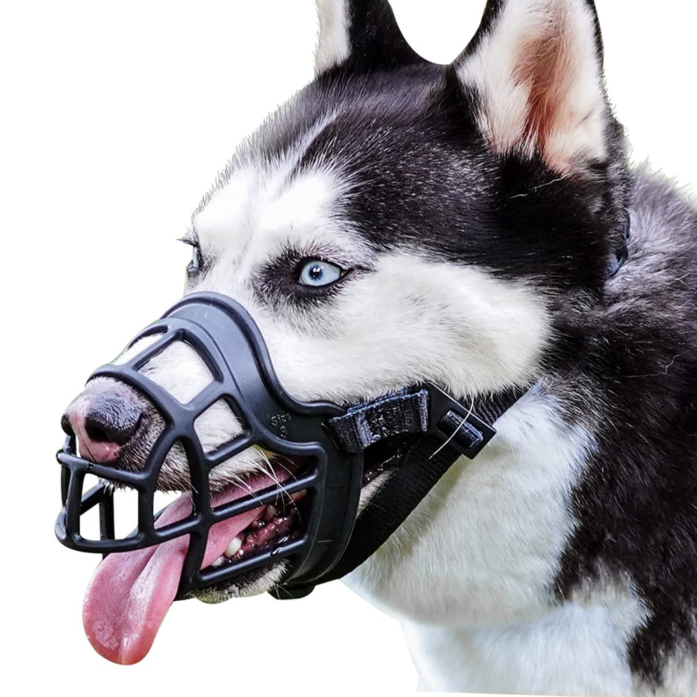 BARKLESS dog muzzle front view shows lightweight basket design for safe outings.