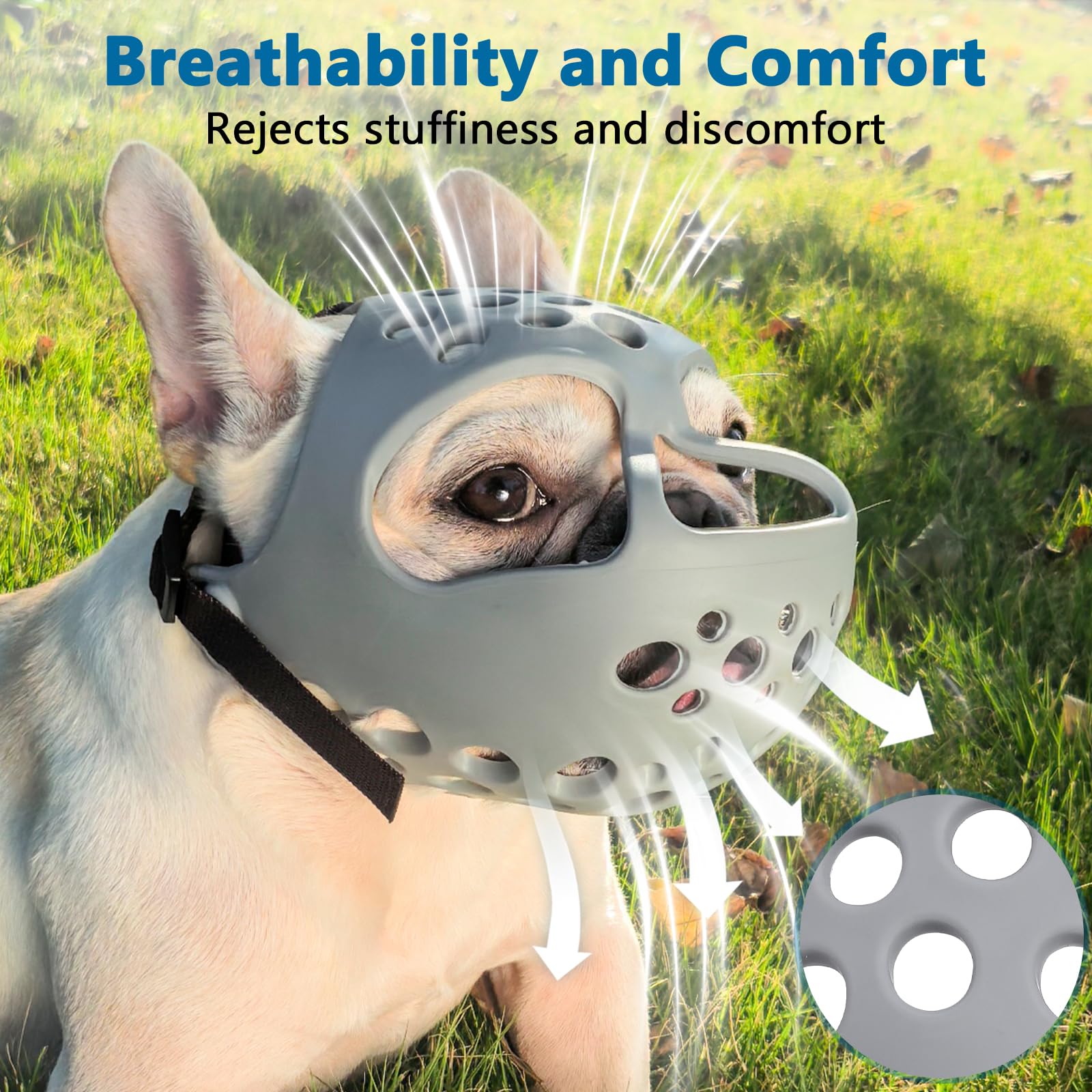 BARKLESS Desensitization-friendly muzzle supports gradual training with treats.