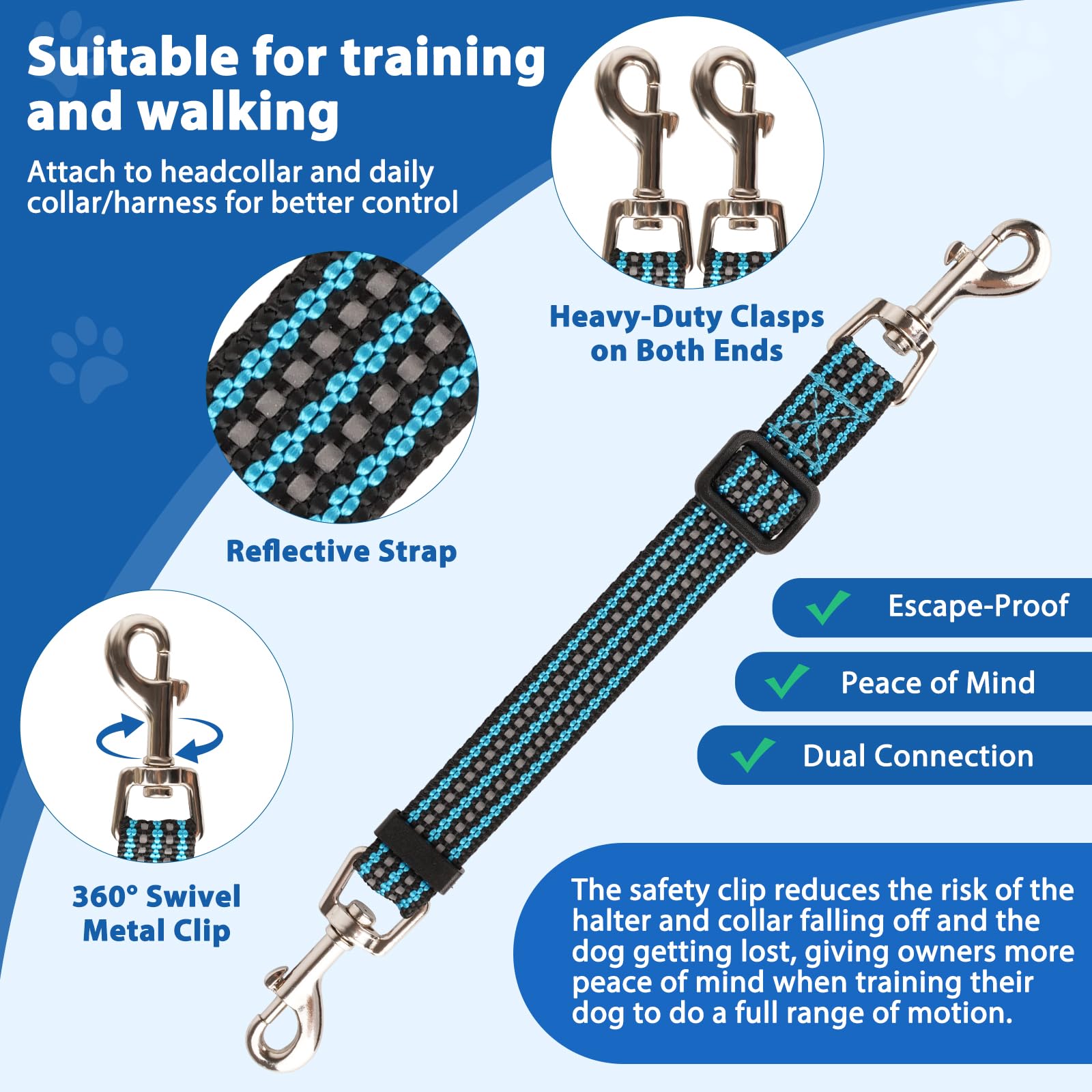 BARKLESS Head Collar dual clasp connector secures leash setup for safety.