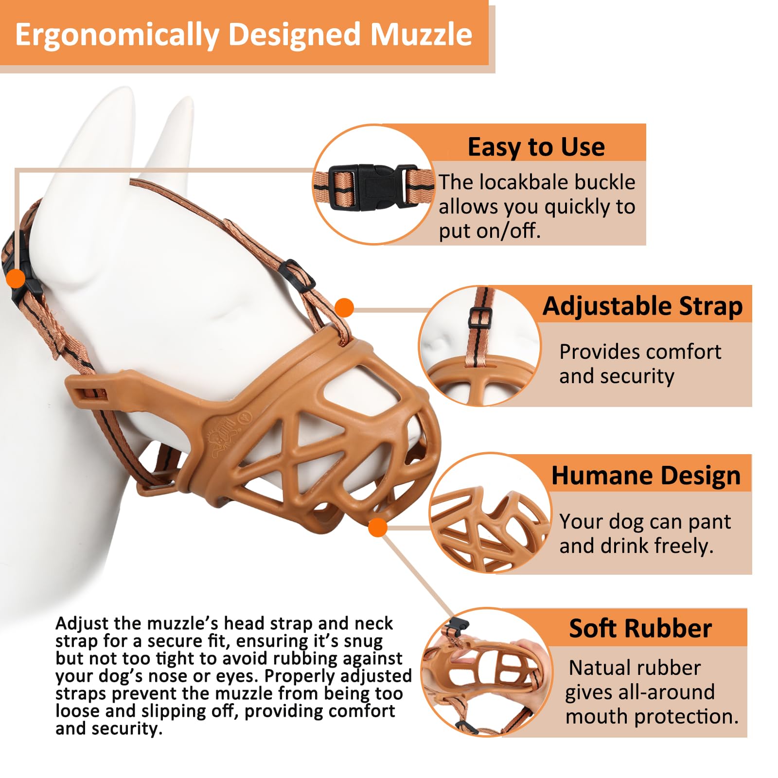 BARKLESS brown basket muzzle side straps, secure fit for large dogs.
