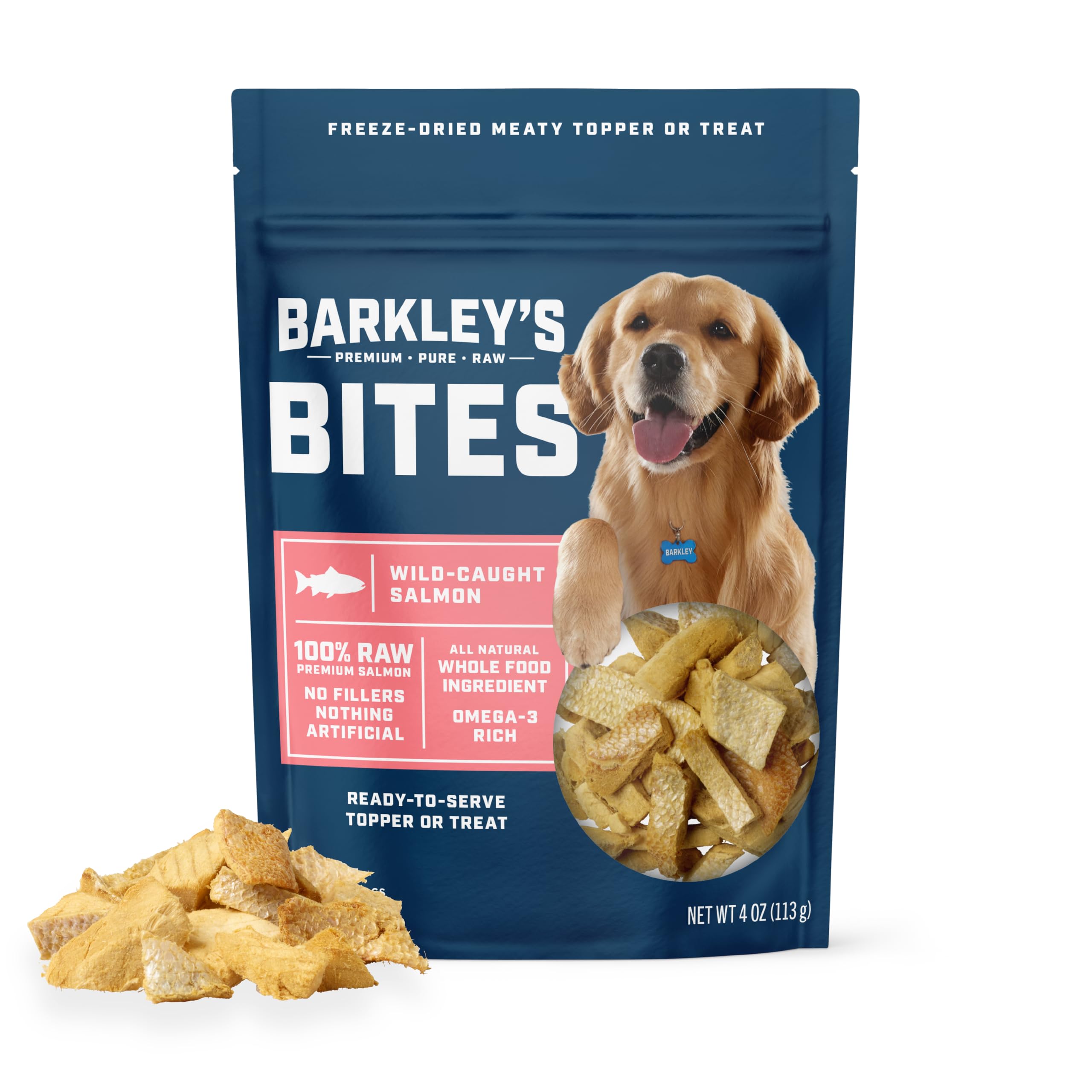 Barkley’s Bag Salmon Bites pack shot showing bite-sized salmon treats for training.