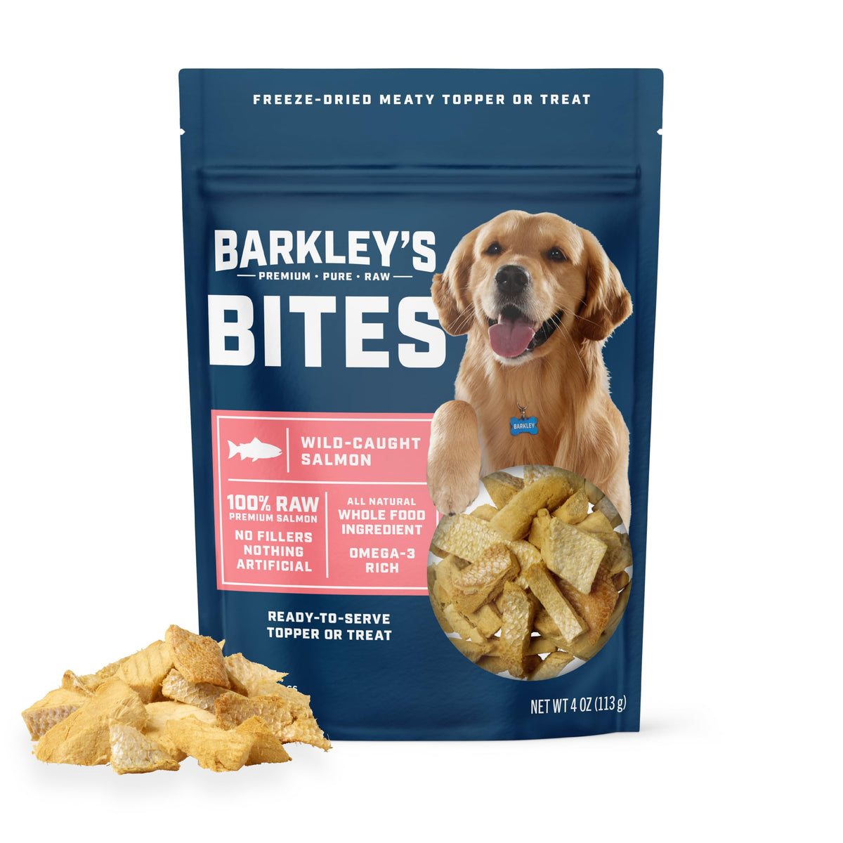 Barkley’s Bag Salmon Bites pack shot showing bite-sized salmon treats for training.