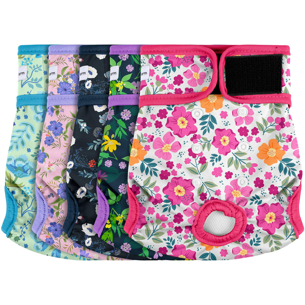 Barklincharm flowers-pattern dog diaper pack for female dogs during heat or leaks.