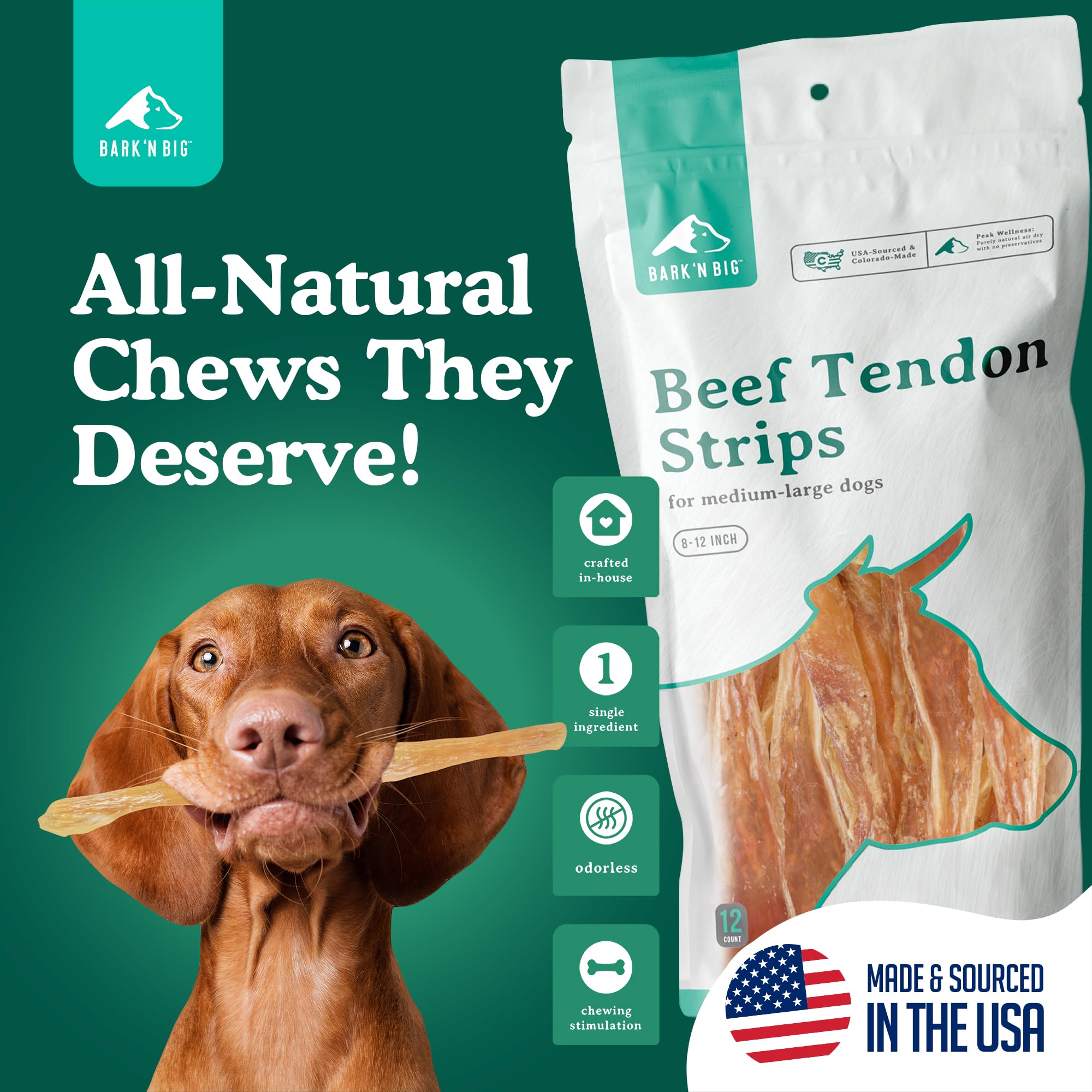 Close-up texture of BARK'N BIG beef tendon chews highlighting rugged chew.
