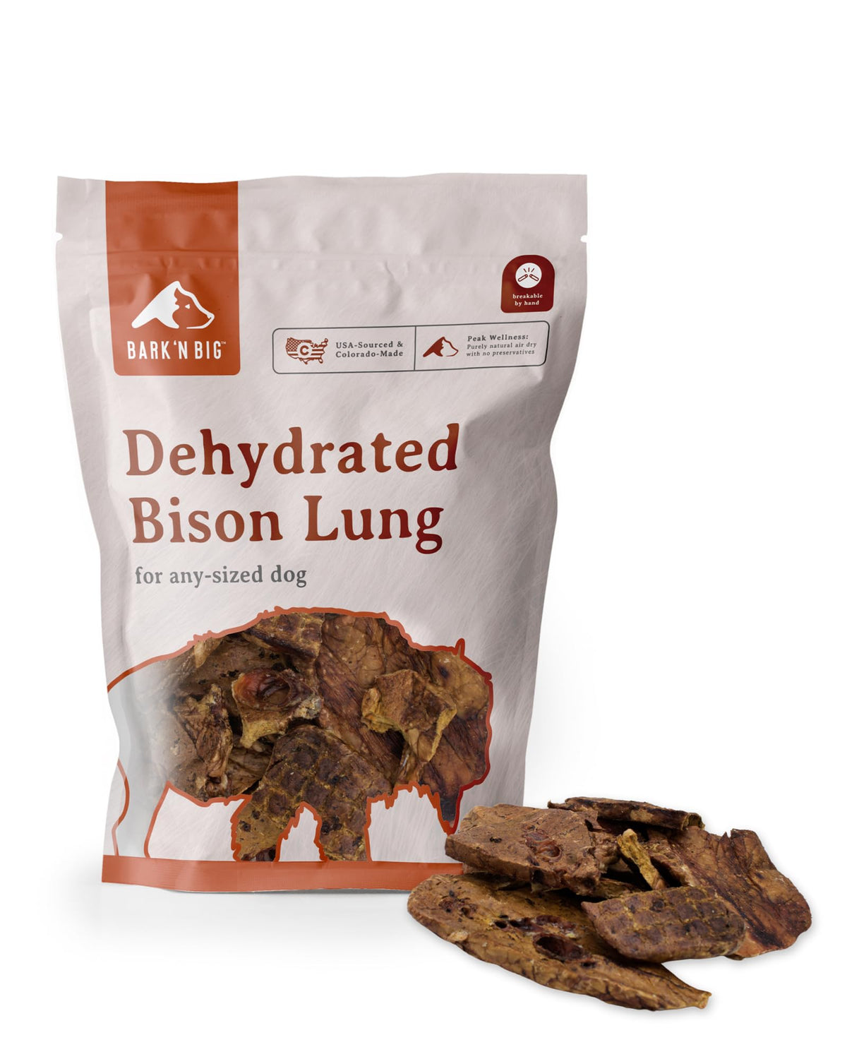 BARK'N BIG bison lung treats bag showing single-ingredient crunch for dogs.