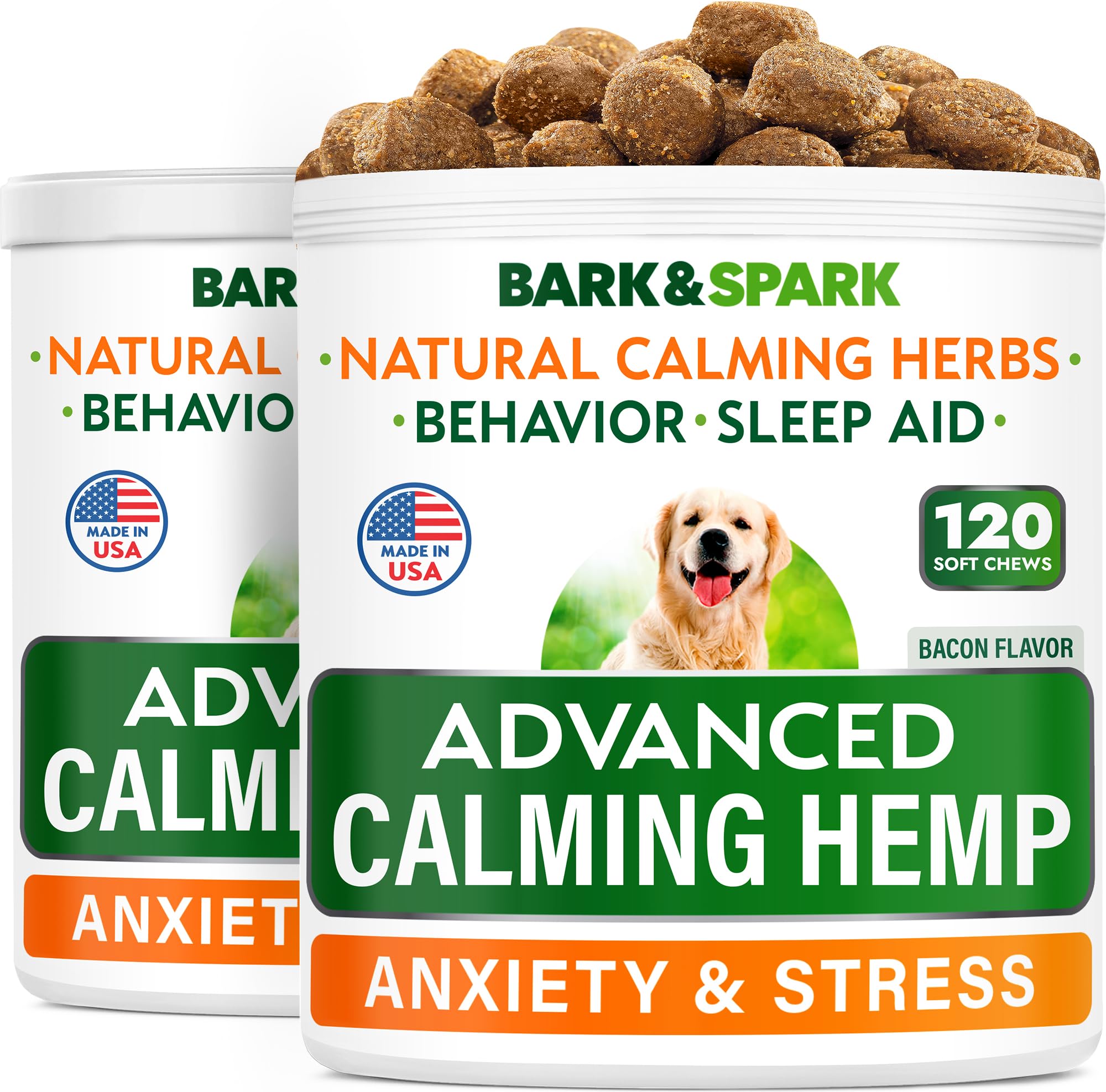 BARK&SPARK Advanced Calming Hemp Treats in packaging, supports calm during fireworks and vet visits.
