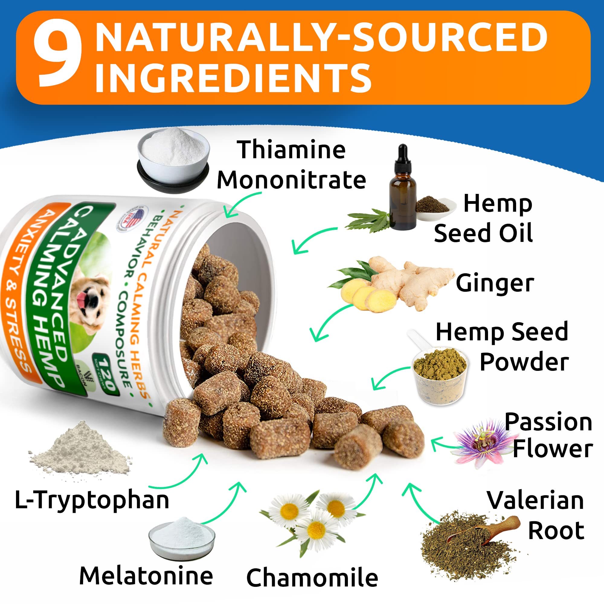 BARK&SPARK ingredients: hemp oil, melatonin, chamomile, valerian for gentle calm.