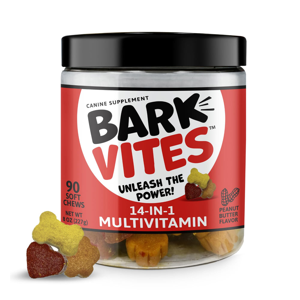 BarkVites 14-in-1 bottle with soft chews for dogs, daily supplement.