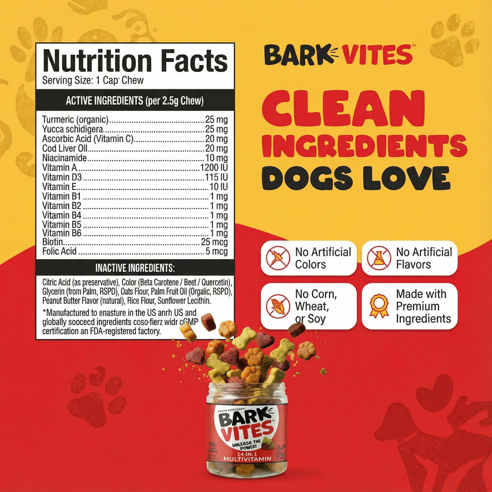 Cod liver oil in BarkVites provides omega nutrients for dogs.