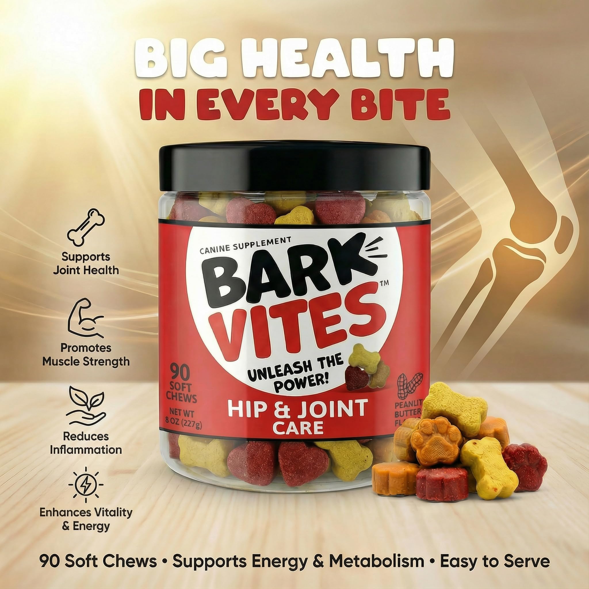 BarkVites glucosamine–MSM–chondroitin-formula highlights cartilage support.