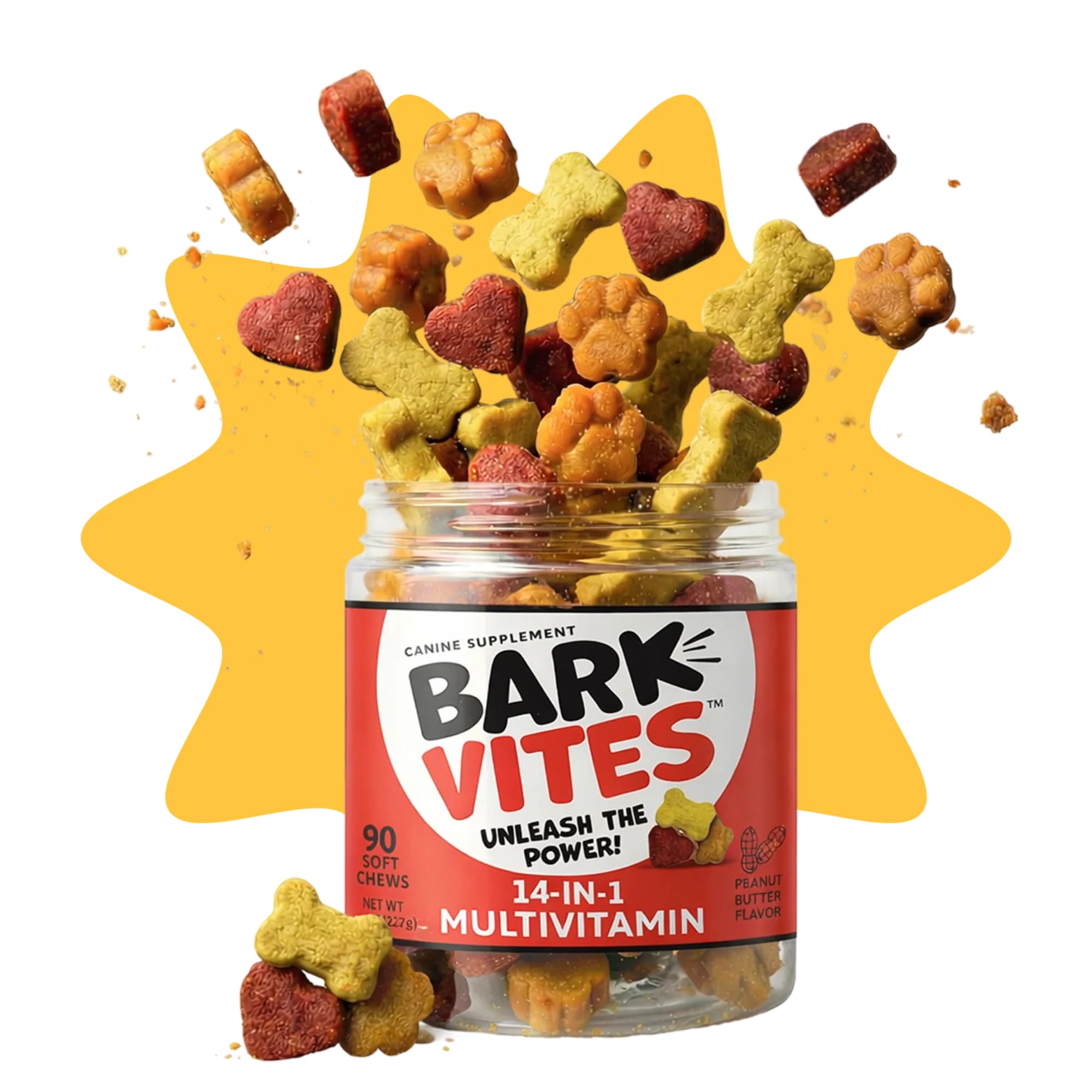 Close-up of BarkVites peanut butter flavored chews for dogs.