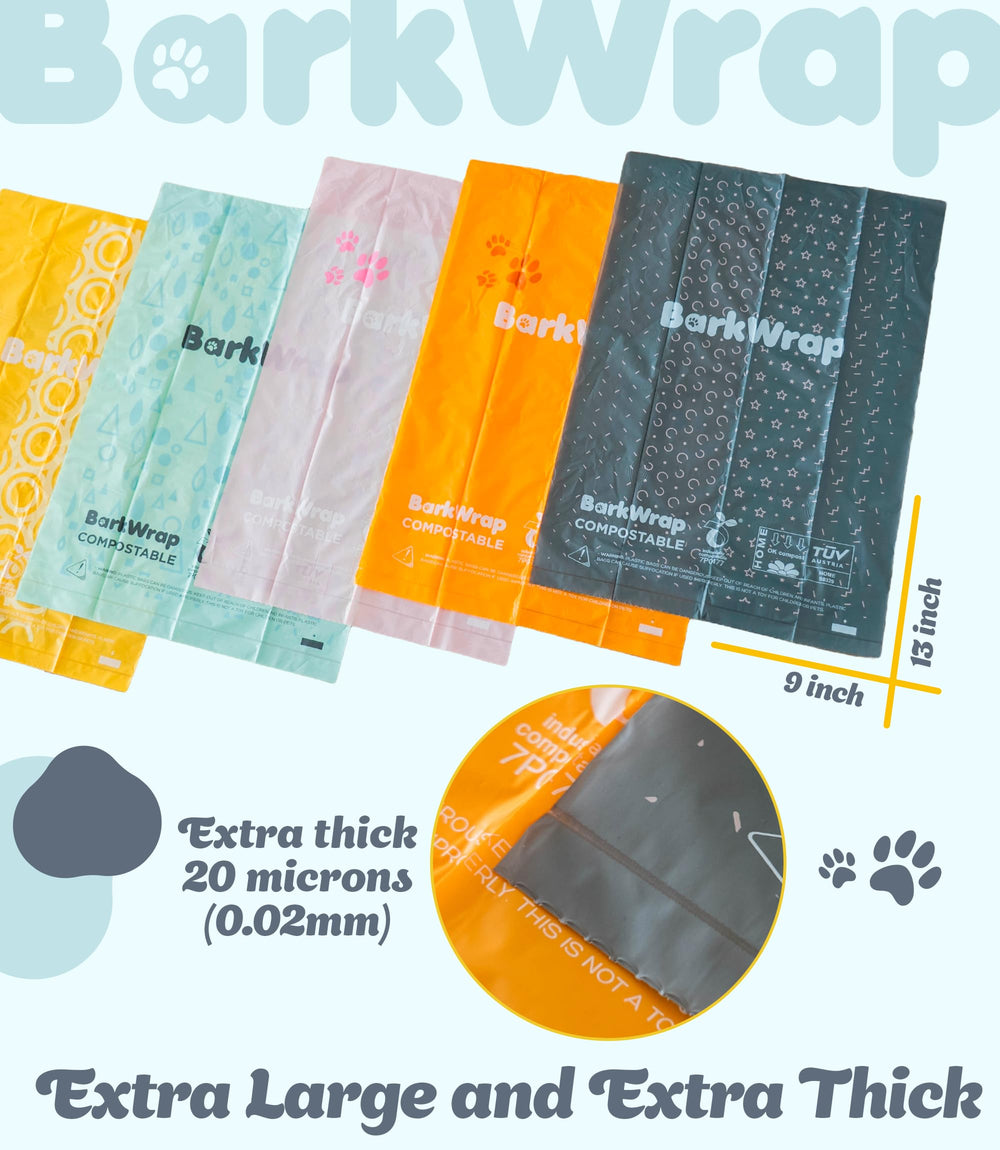Colorful BARKWRAP BAG design supports sustainable waste disposal.