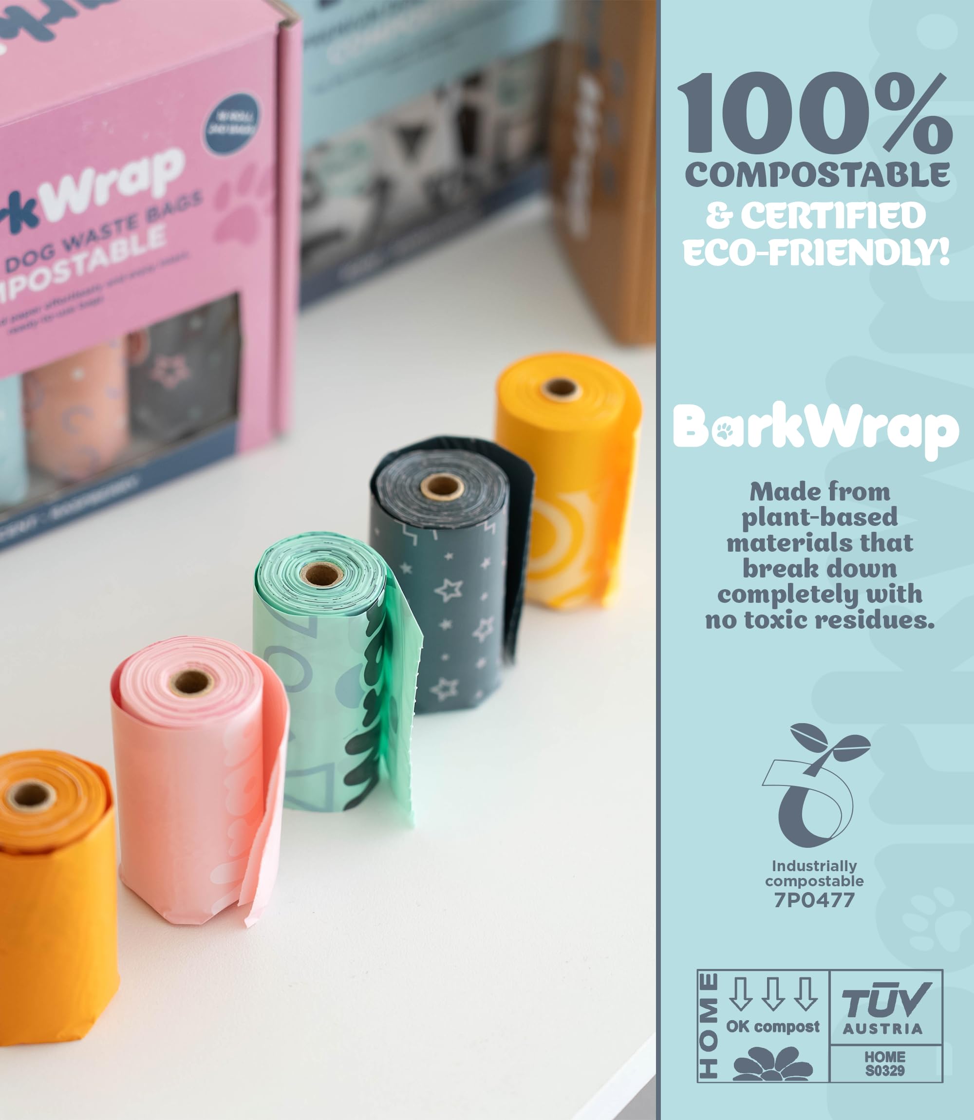 Recycled packaging and core materials used for BARKWRAP BAG packaging.
