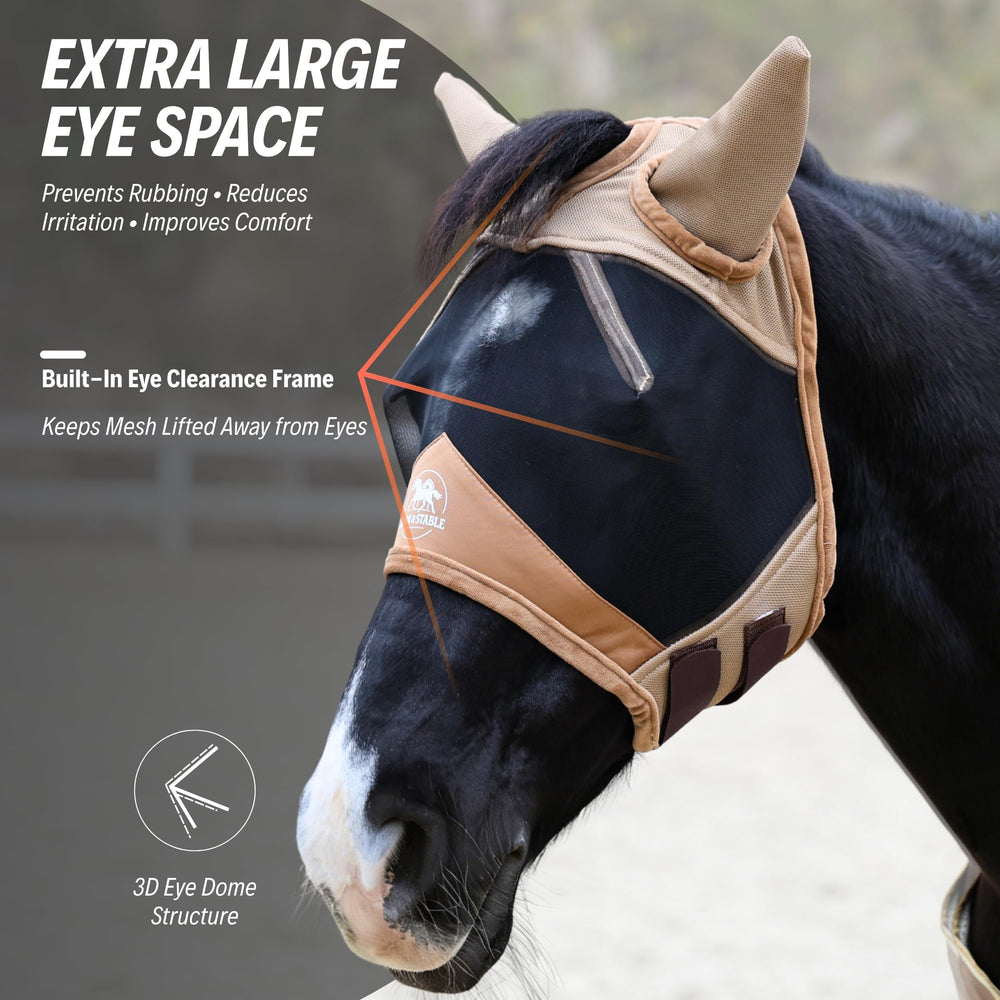 BARN & STABLE fly mask featuring 3D eye space to reduce eye contact and rubbing.