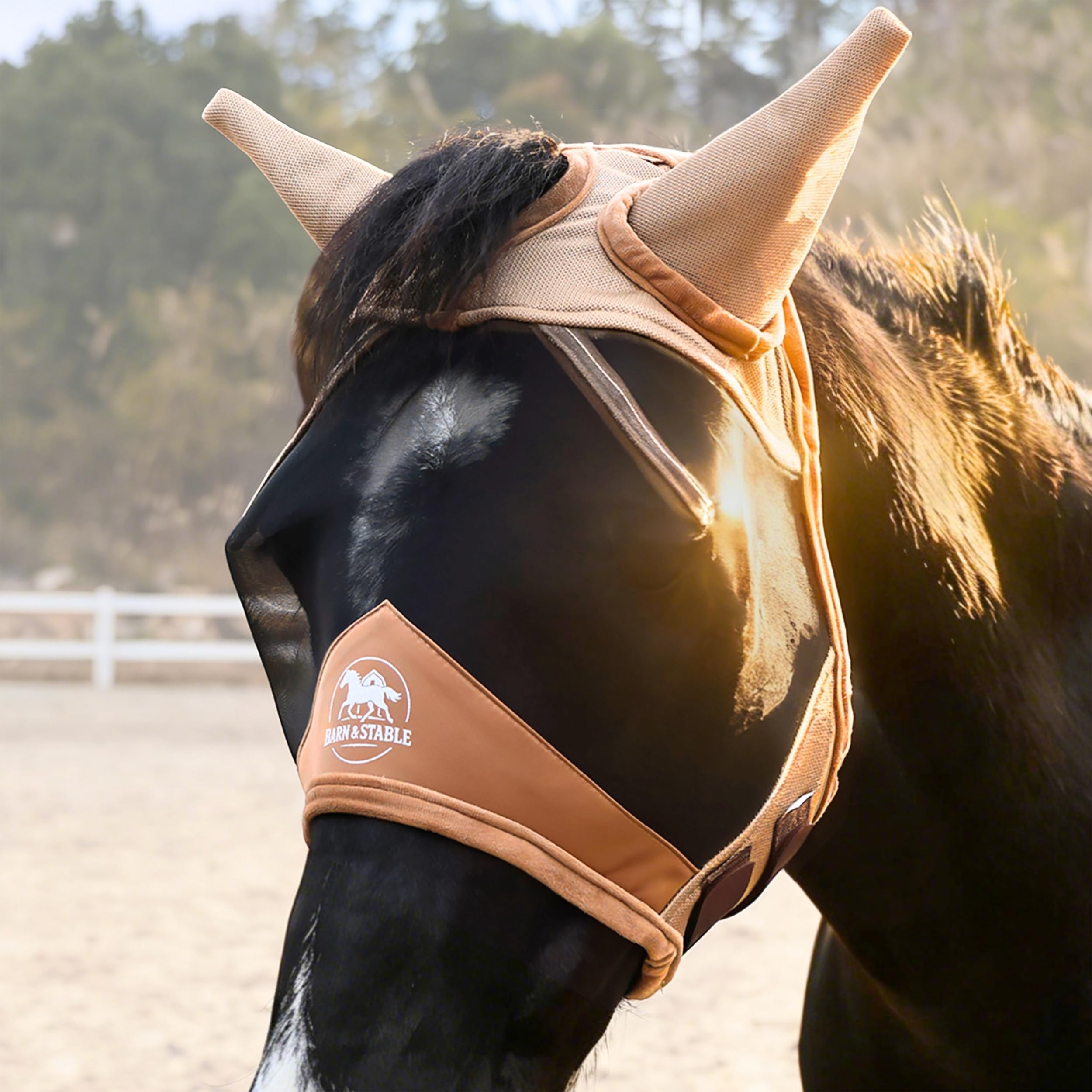 BARN & STABLE fine mesh fly mask with ears for breathable sun and fly protection.
