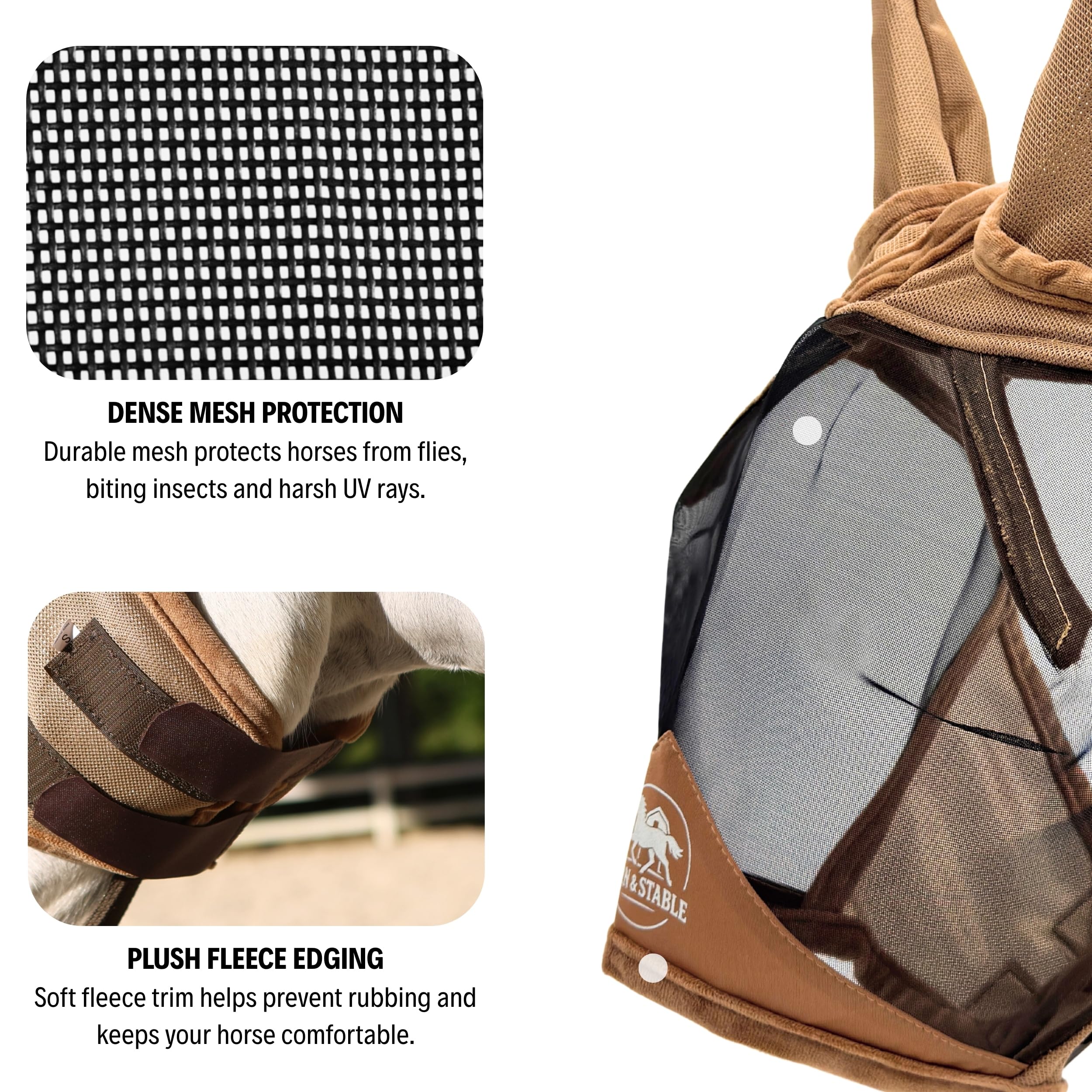 BARN & STABLE silver color fly mask offers a sleek turnout option.