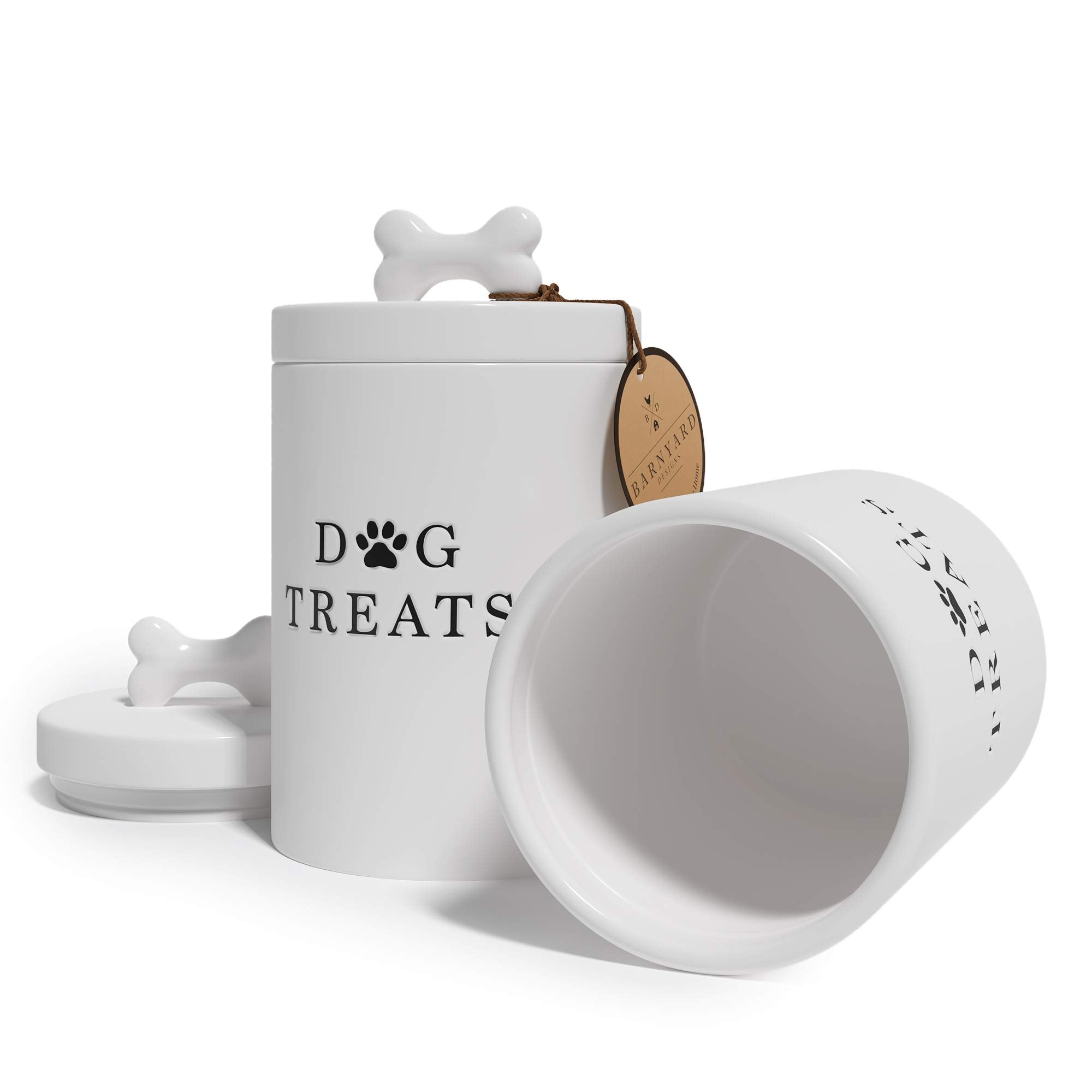 Barnyard Designs 56-ounce capacity for dry treats and pet snacks.