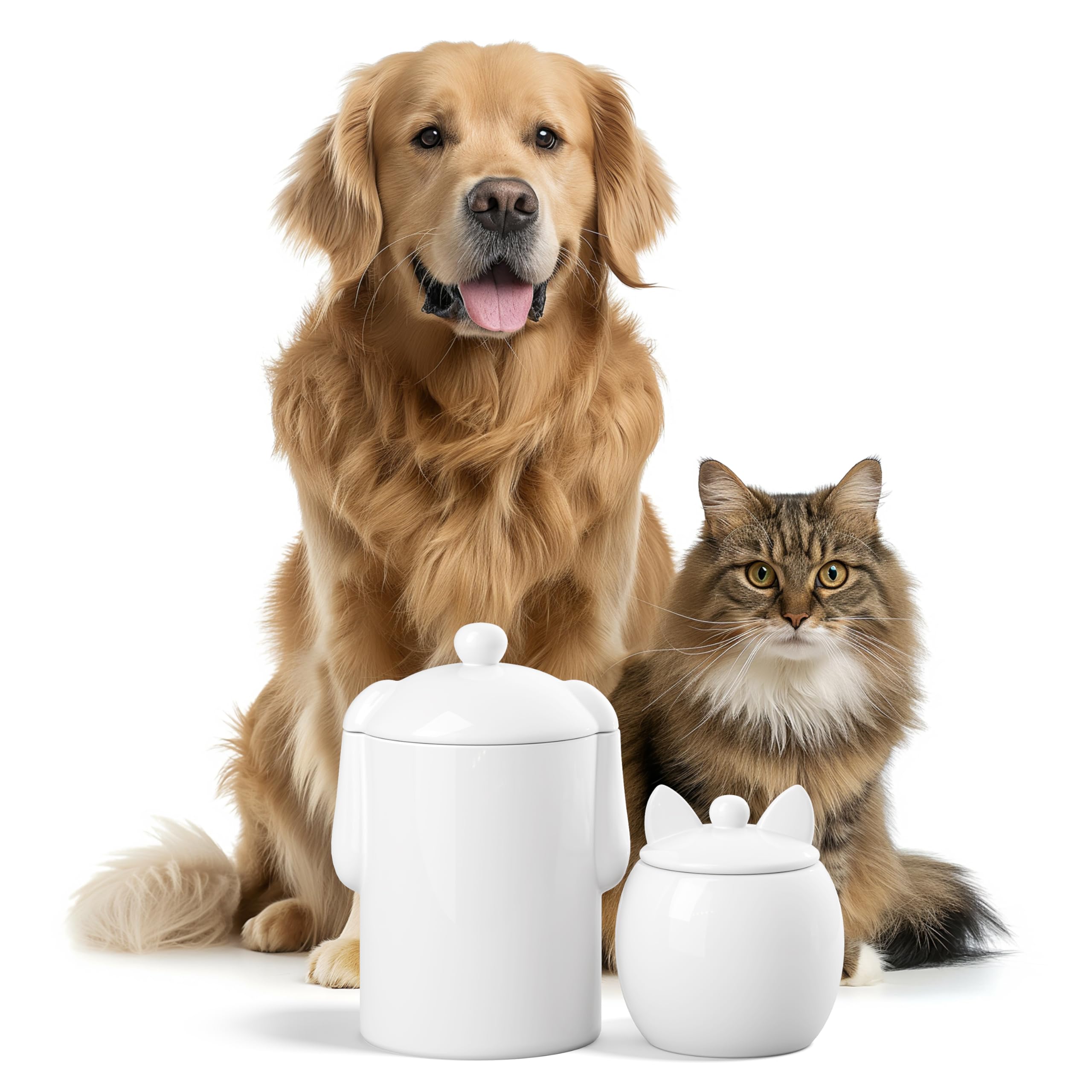 Barnyard Designs cat treat jar on kitchen counter for easy access.
