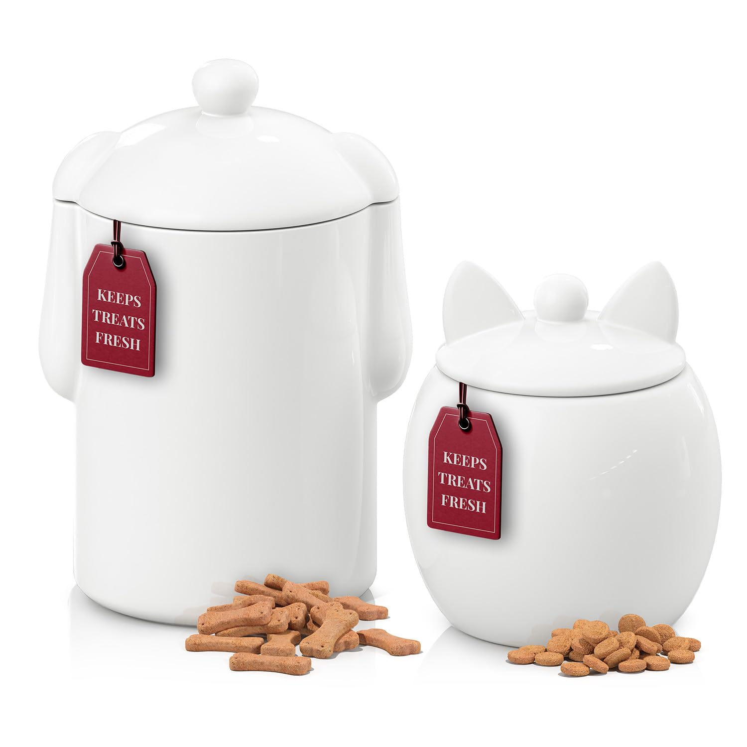 Barnyard Designs dog treat container with airtight lid on a kitchen counter, keeping treats fresh.