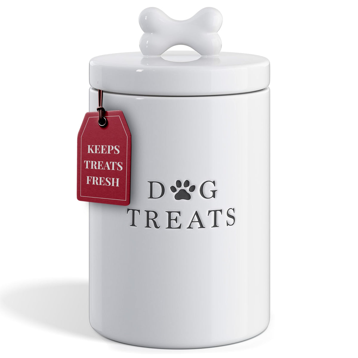 Barnyard Designs large dog treat container with airtight lid in white.