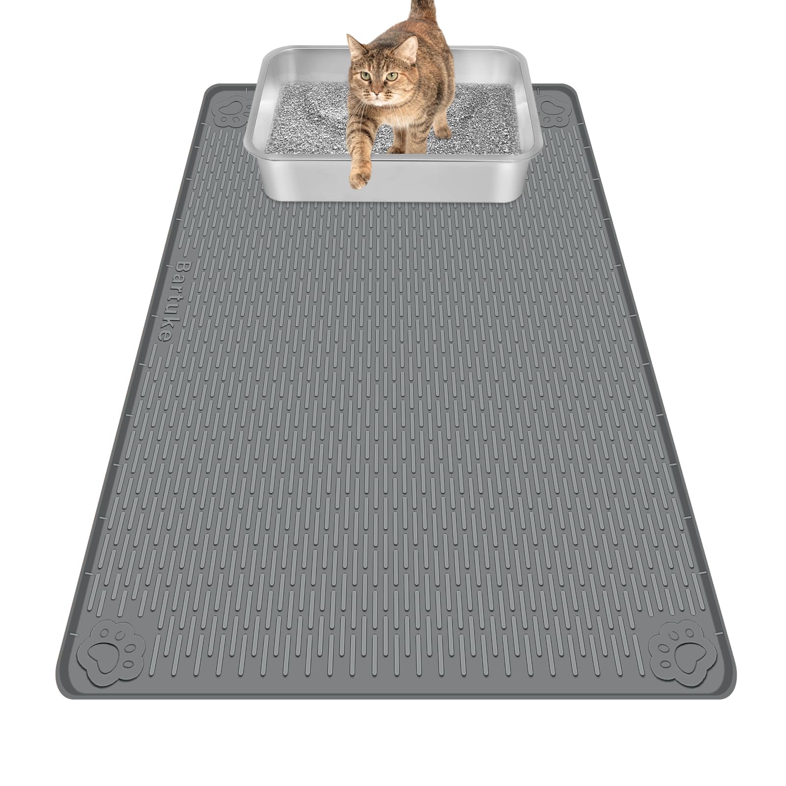 Bartuke cat litter mat 34x22 covering litter box area reduces mess.