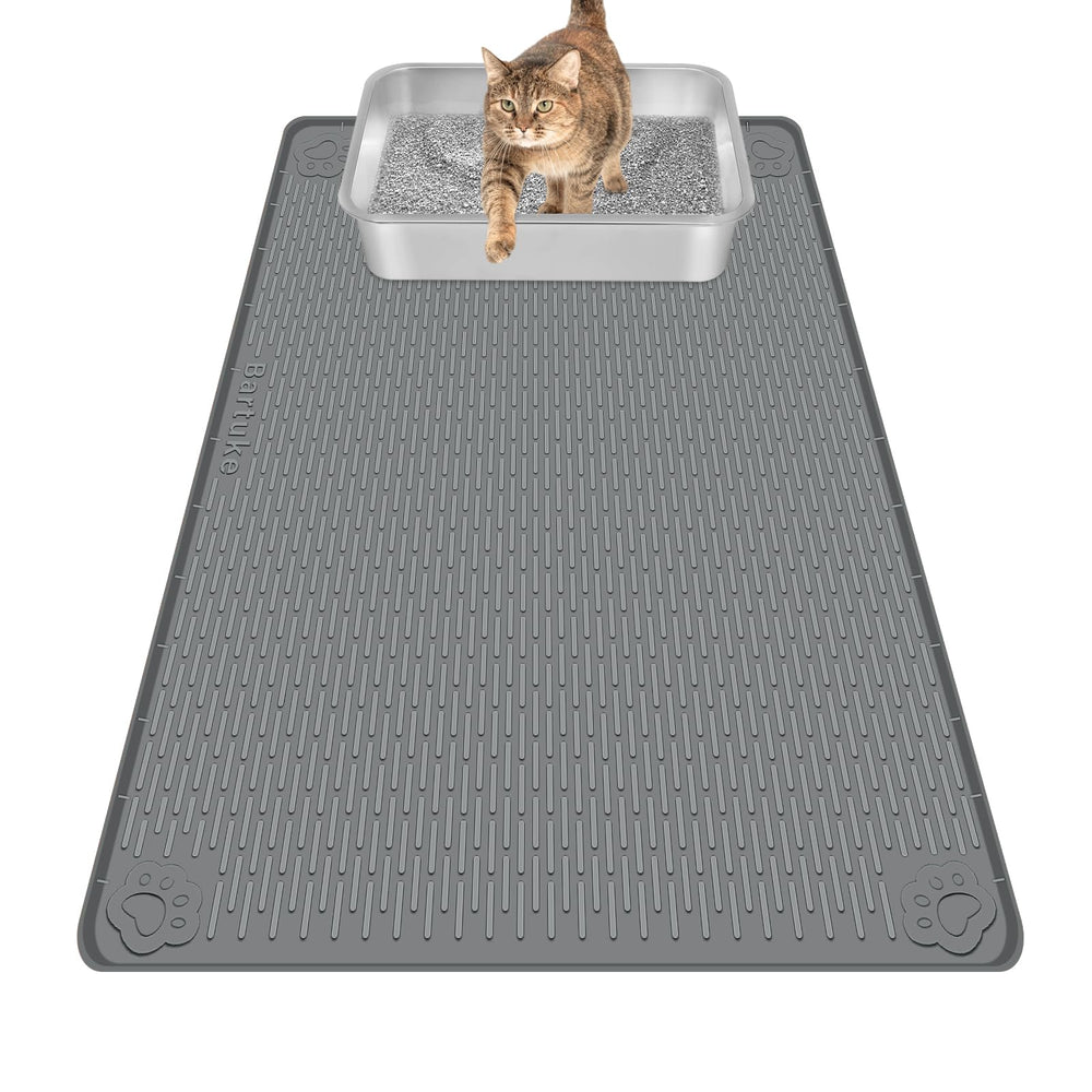 Bartuke cat litter mat 34x22 covering litter box area reduces mess.