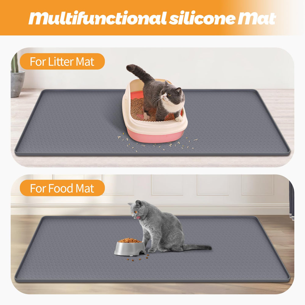 Bartuke litter mat used as a multi-use tray under food bowls