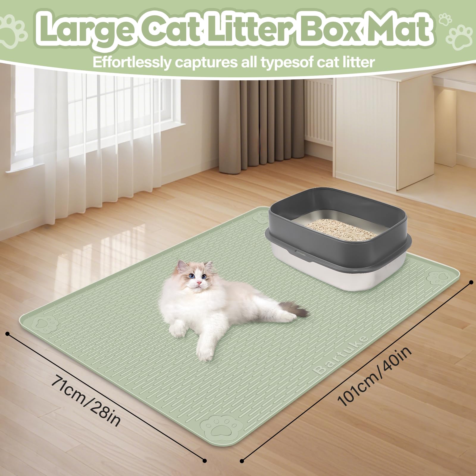 Bartuke litter-trapping surface captures litter and reduces floor scatter.