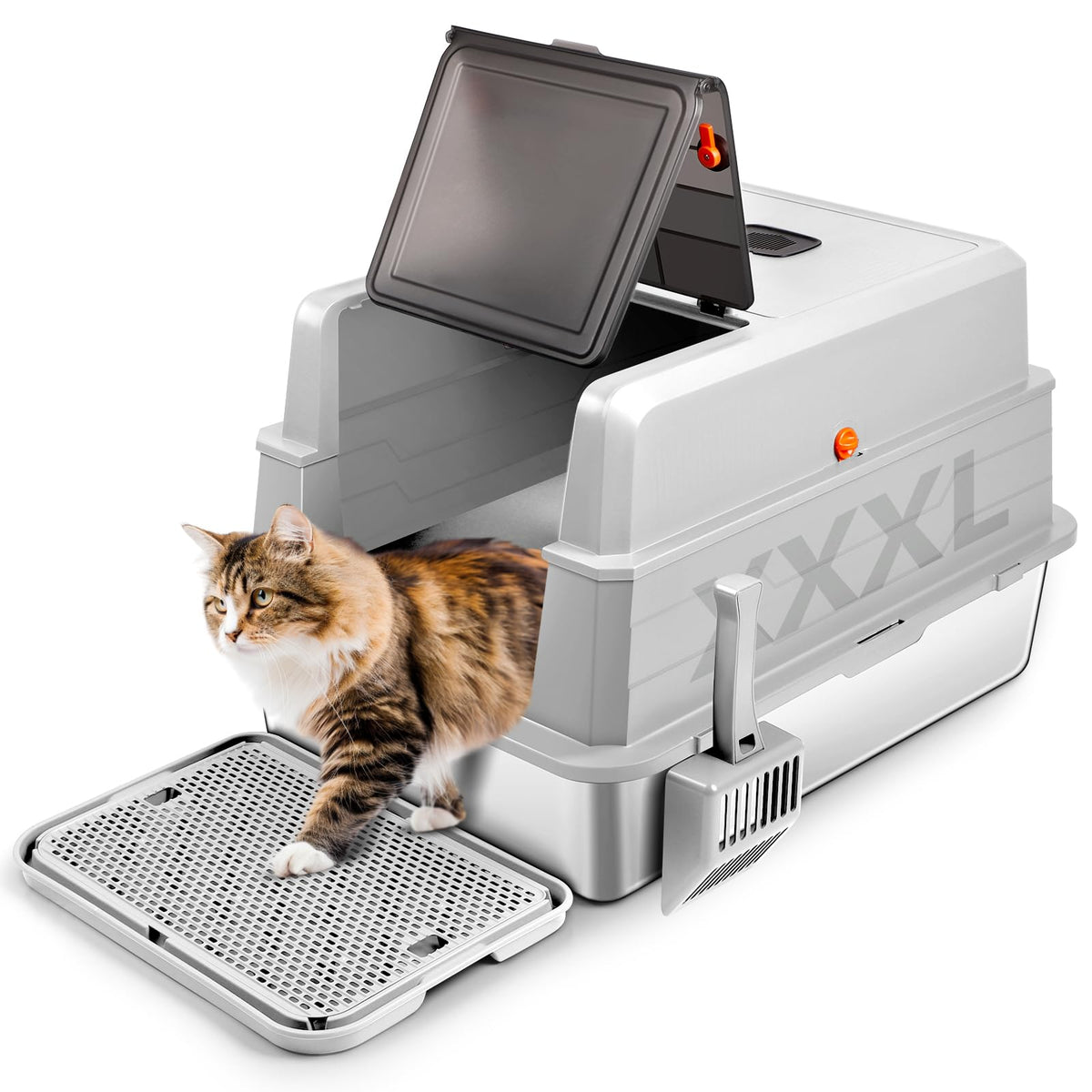 Bartuke XXXL stainless steel litter box with lid for spacious multi-cat use and easy maintenance.