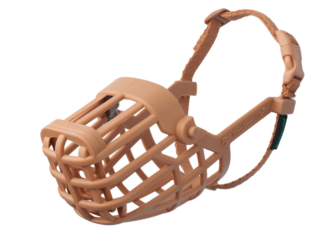 Baskerville Classic Basket Muzzle front view; breathable design supports panting and drinking.