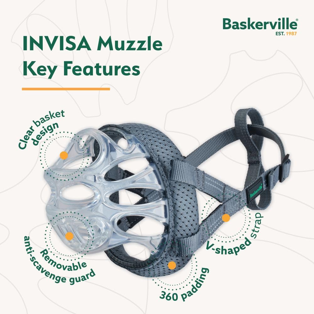 Baskerville INVISA muzzle including anti-scavenging guard to reduce food grabbing