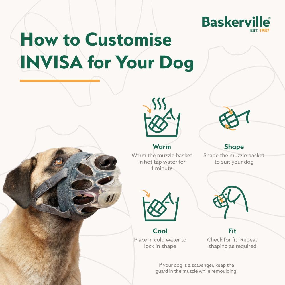 Baskerville INVISA muzzle with lockable neck strap for secure fit