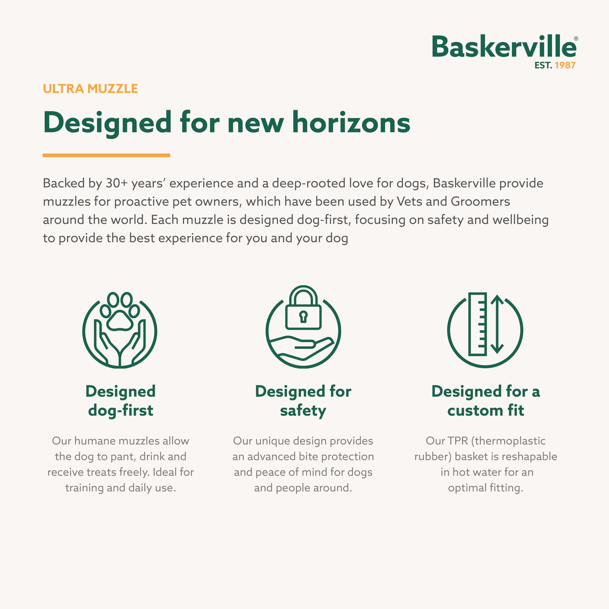 Baskerville Ultra Muzzle daily-walk use highlights humane, comfortable protection from bites.
