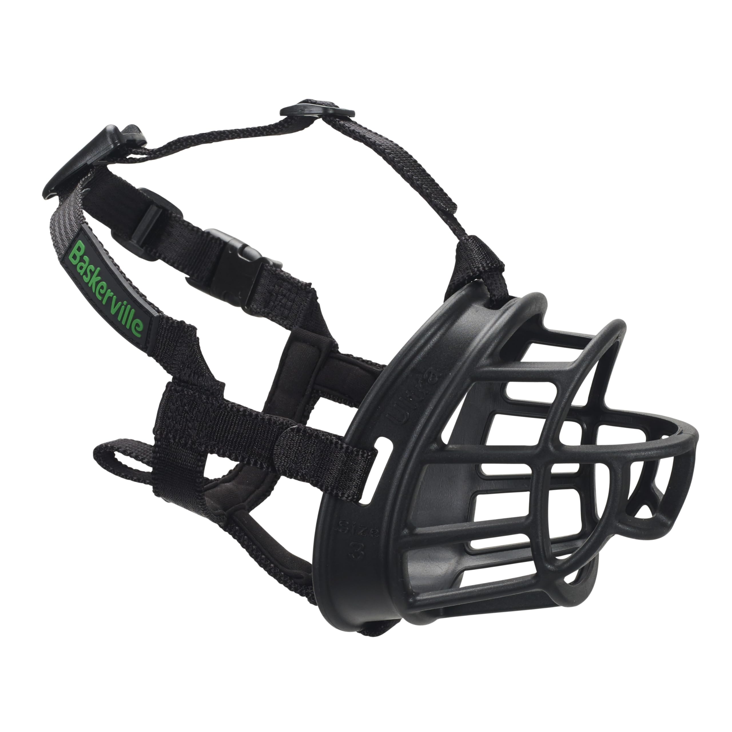 Baskerville Ultra Muzzle front view shows breathable, secure fit for daily walks.