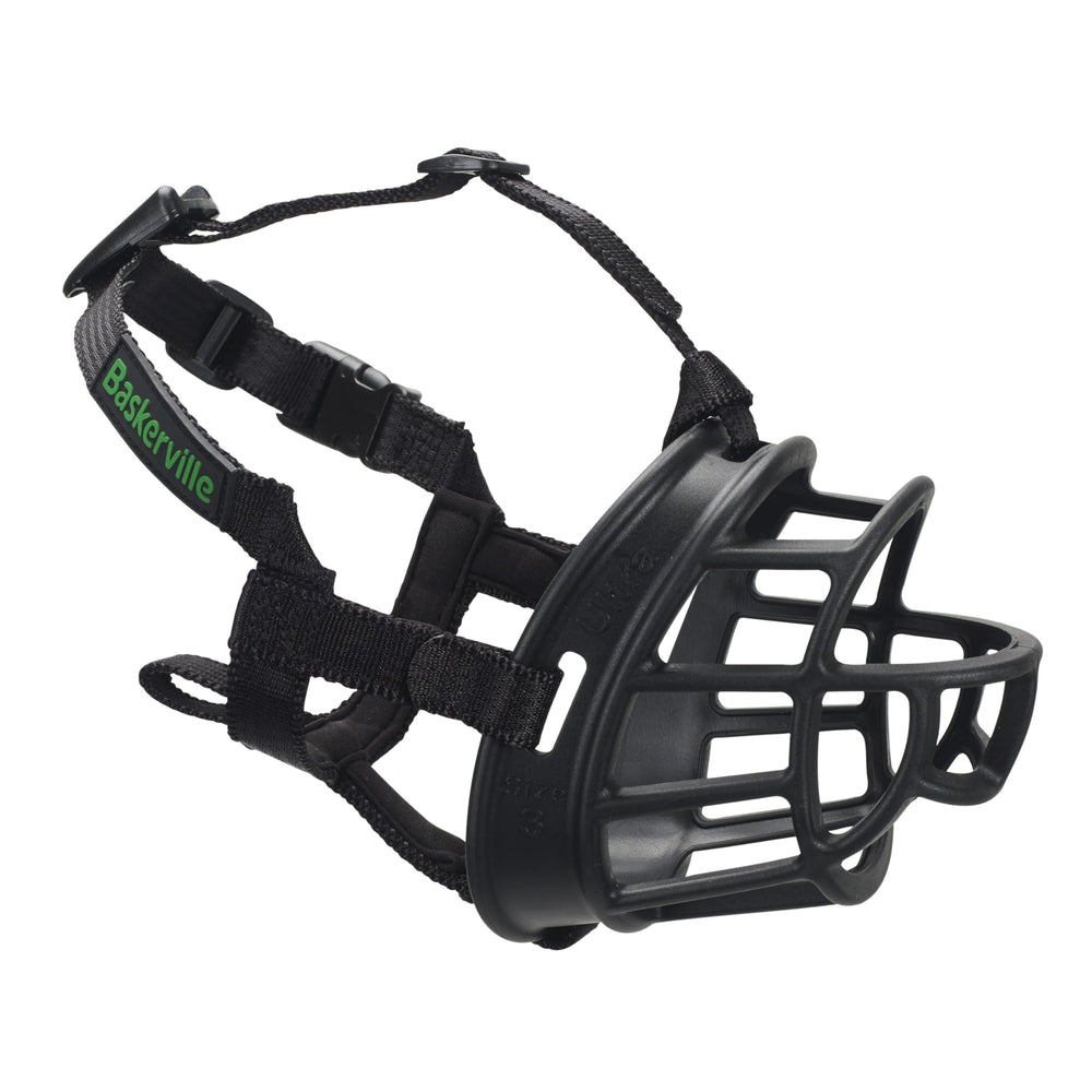 Baskerville Ultra Muzzle front view shows breathable, secure fit for daily walks.