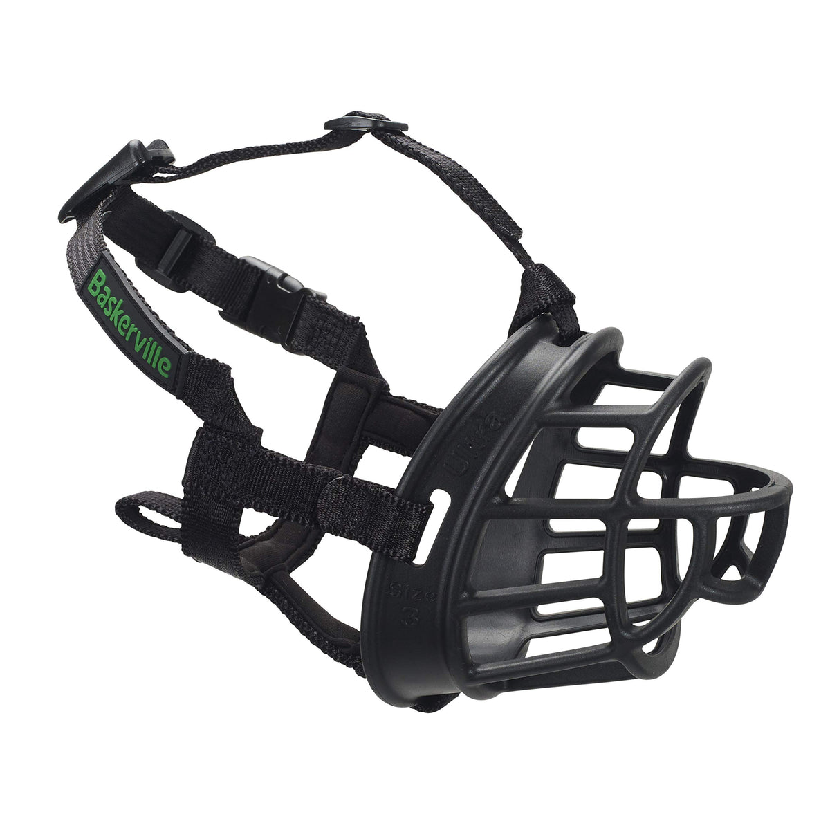 Baskerville Ultra Muzzle front view shows secure, comfortable fit for daily walks.