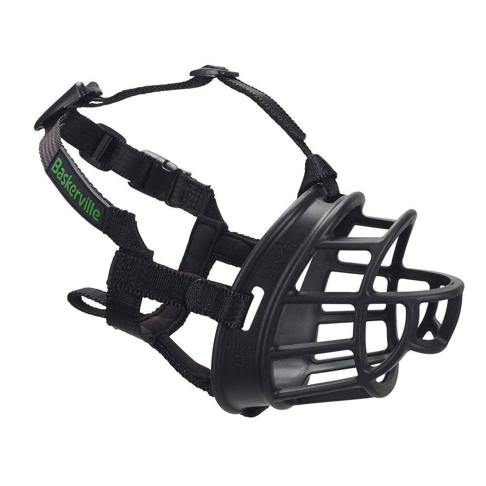 Baskerville Ultra Muzzle patent design on a large dog for safe wear