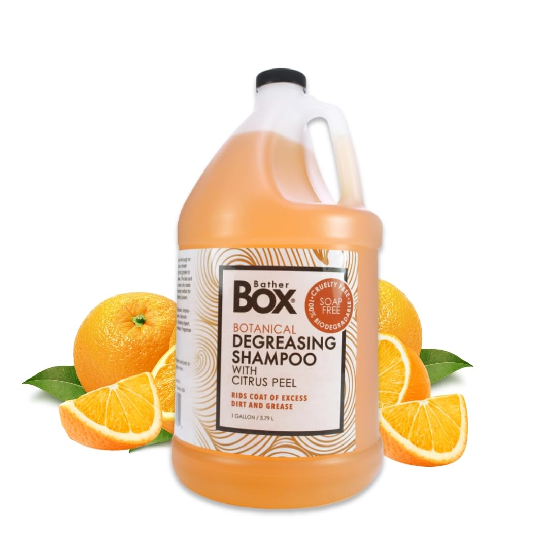 BatherBox Degreasing Shampoo bottle pour for quick, powerful clean of greasy coats.