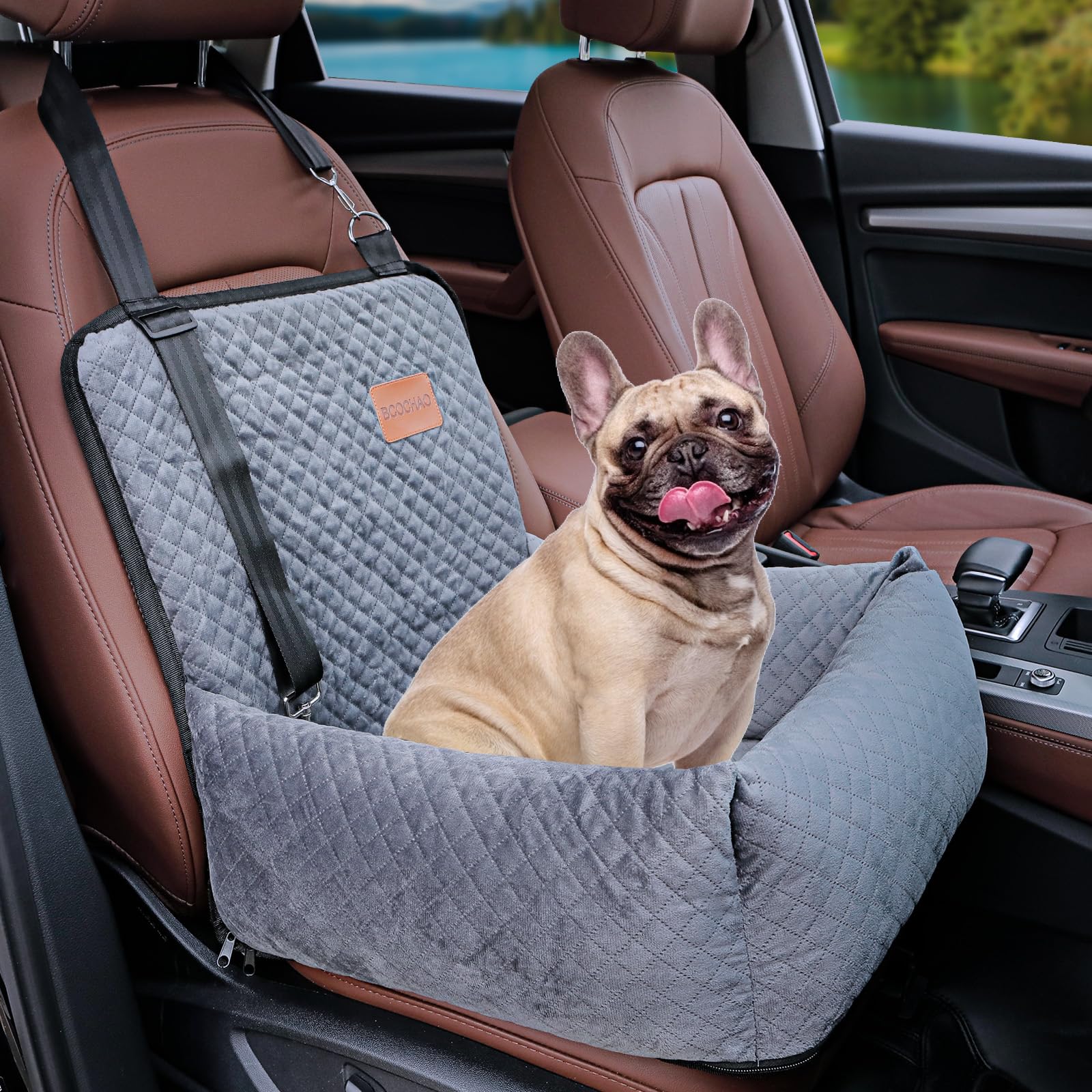 BCOCHAO dog car seat booster gray, front view, supports pet safety during travel.
