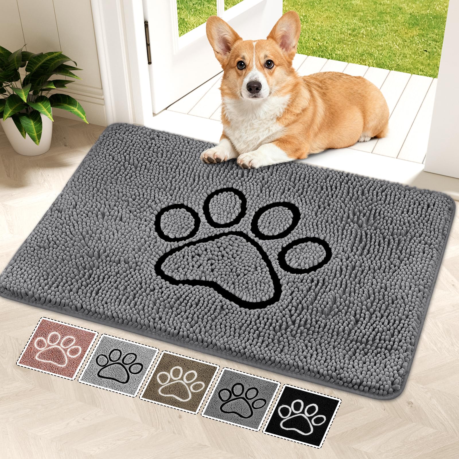 Bcoimo dog door mat absorbs moisture at the entry to protect floors.