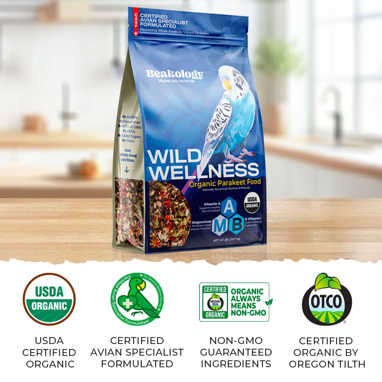 Beakology Wild Wellness parakeet food — organic ingredients close-up highlighting natural nutrition