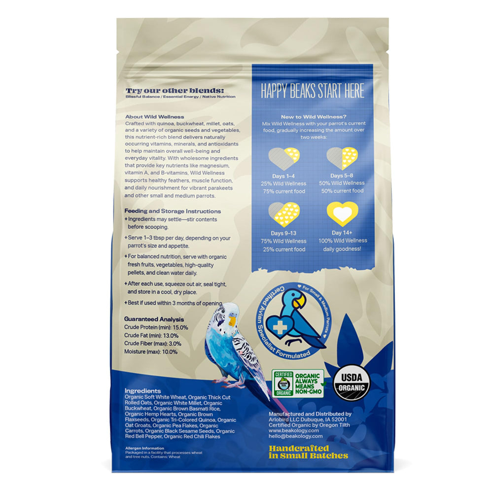 Beakology Wild Wellness parakeet food — resealable bag for long-lasting freshness