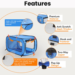 Beatrice blue pop-up kennel features mesh windows for ventilation and visibility.