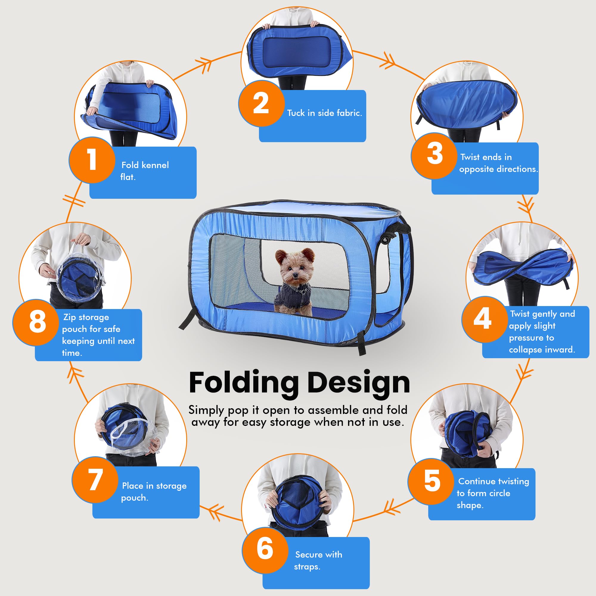 Beatrice kennels blue with storage pouch for easy transport.