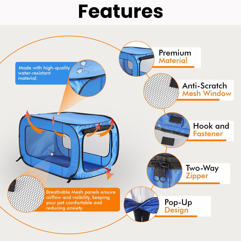 Beatrice kennel blue mesh panels provide ventilation for comfort.