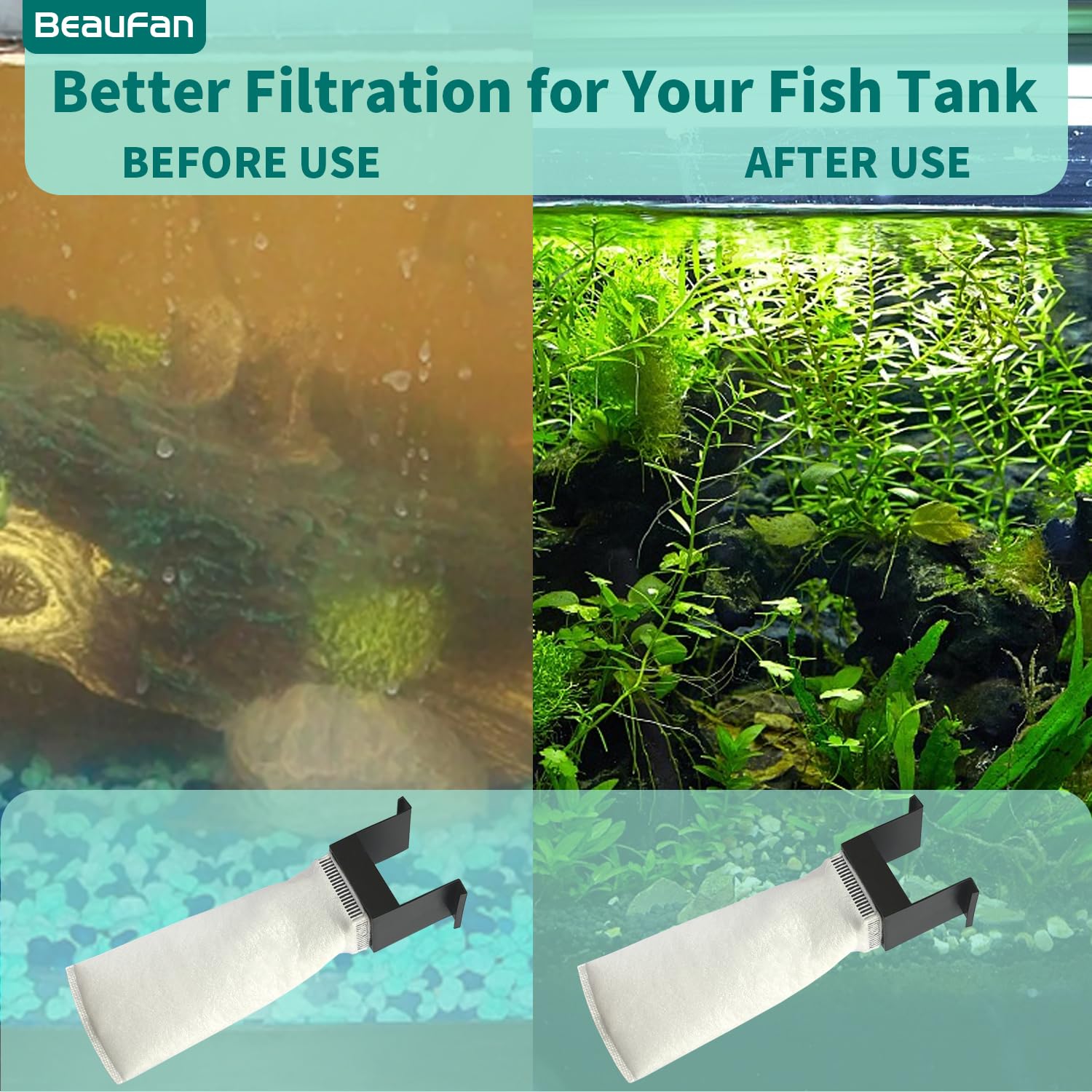 Beaufan aquarium setup showing ready-to-install filter bag for quick replacement.